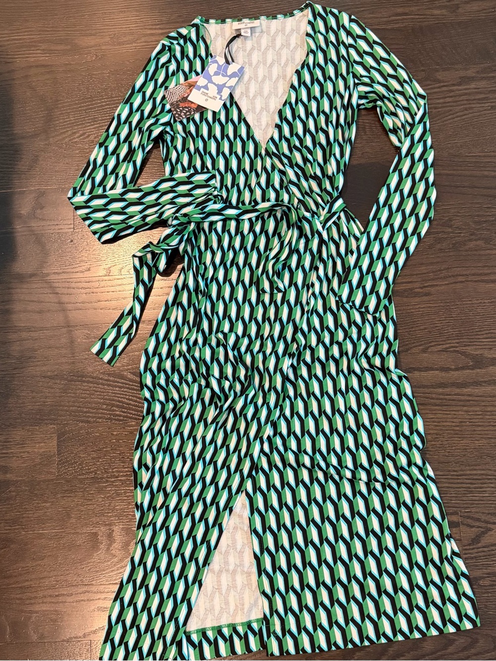 Diane von Furstenberg Teal, Green & Black Geometric wrap Dress